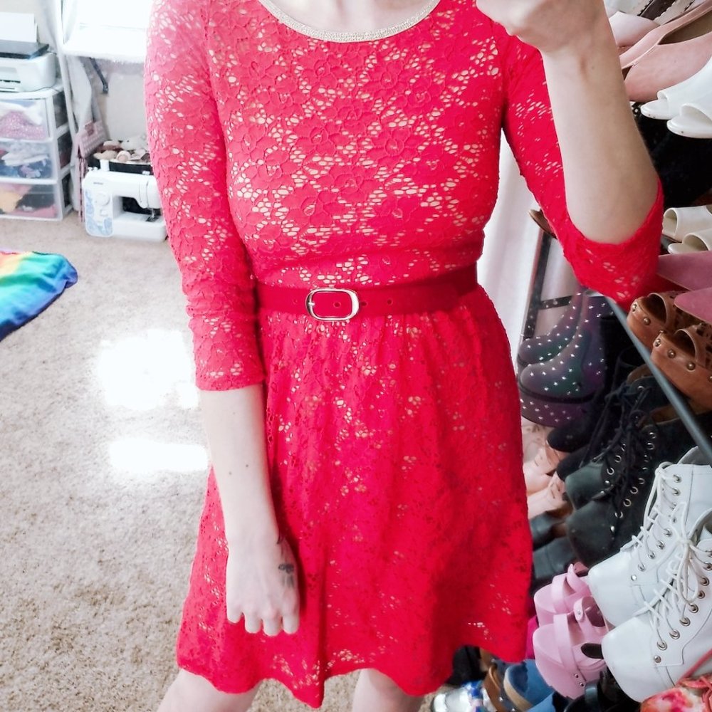 Gianni Bini Pink Lace 3/4 Sleeve Fit & Flare Dress